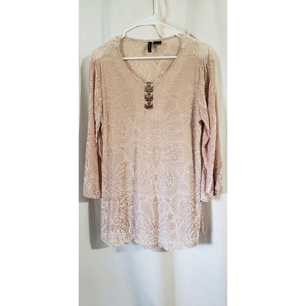 New Directions Women's L Floral Burnout Velour Top Blouse V Neck Ring Detail